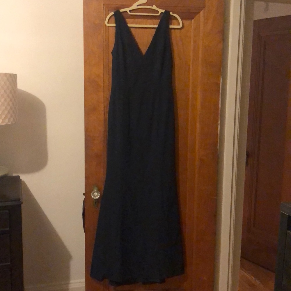 Amsale navy V neck bridesmaid gown